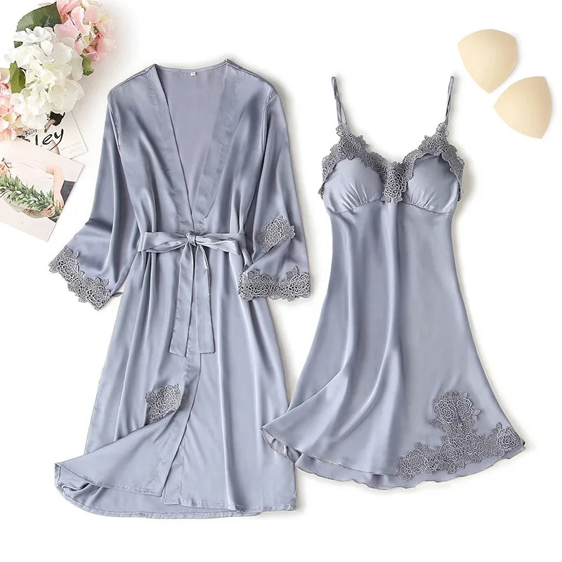 Women Satin Sexy Sets Ladies Nightgown Print Two-pieces Silk Sleepwear Robe+Nightdress Lounge Sets Pijama Good Vibrations