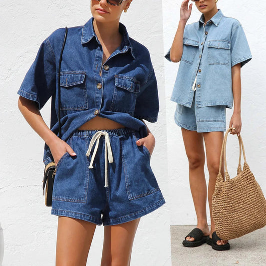 Trendy Women Set 2 Piece Casual Short Sleeve Boxy Shirt Tops and Shorts Lounge Sets Outfits 2025 Summer Denim Set for Women Good Vibrations