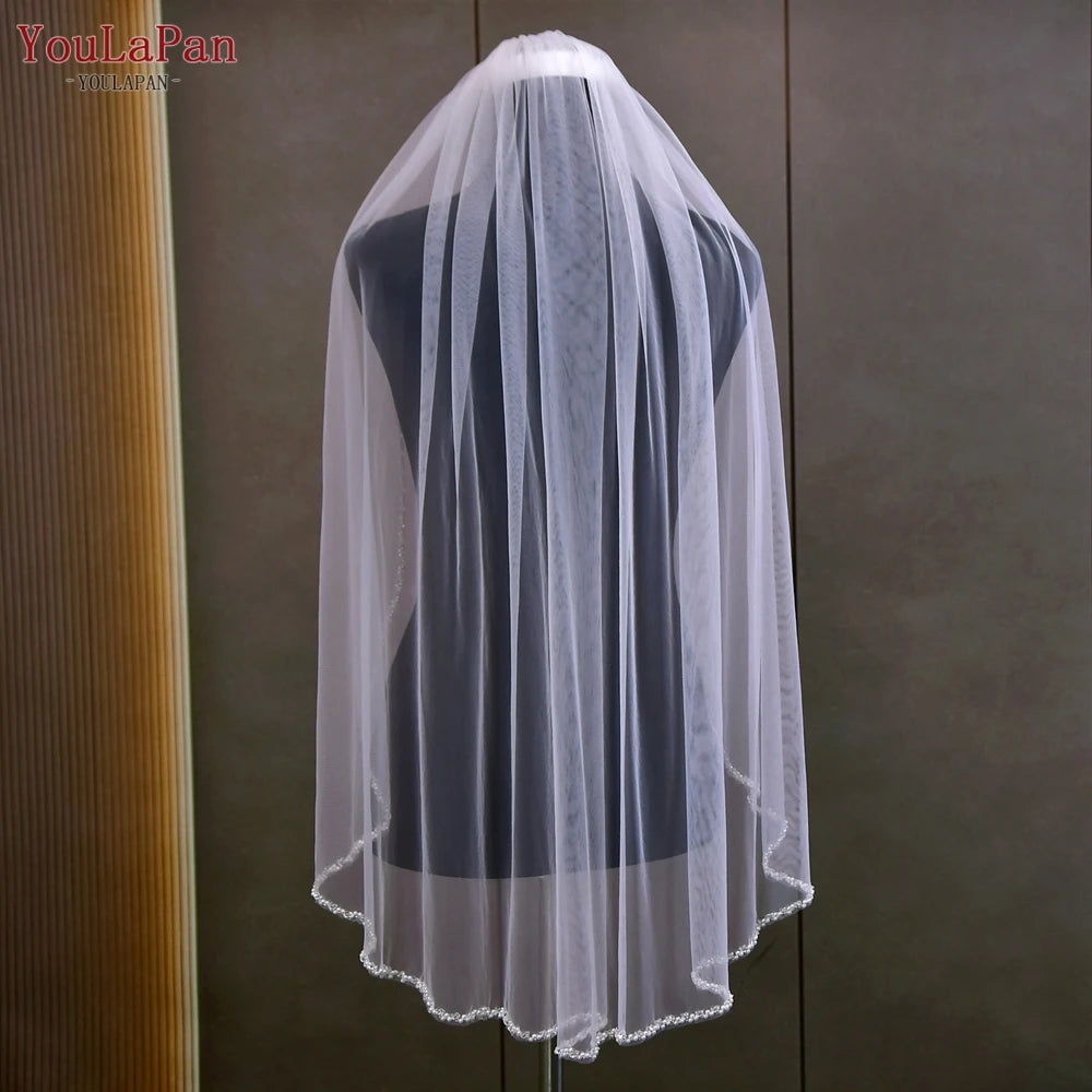 YouLaPan V175 R Fashion Bridal Beaded Veil Fingertips Long Crystal Pearl Trim Short Single Layer Veil Ivory Church Wedding Veil Good Vibrations