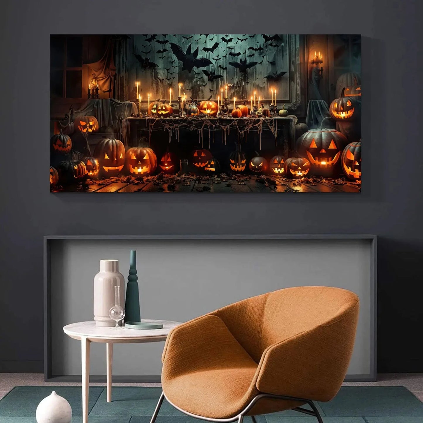 Spooky Halloween Scene Canvas Wall Art: Pumpkins, Bats & Candles Ideal Seasonal Spooky Decor Perfect for Halloween Home Decor Good Vibrations