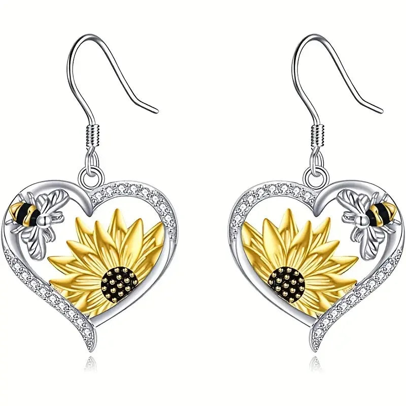FCJ Cute Lady Animal Bee Sunflower Heart Earrings Fashionable Sunflower Heart Design for Women Good Vibrations