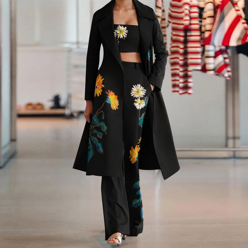 3 Piece Set Women Suit Coat And Wide Led Pants Sets Elegant Long Sleeve Lapel Coat Strapless Top Trousers Sets Femme Outfits Set Good Vibrations