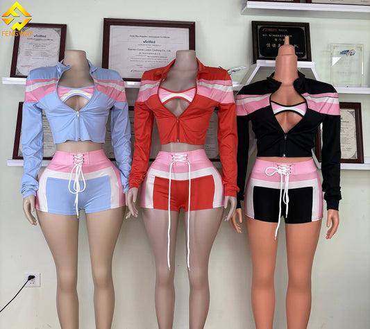 Custom Logo Women Set Short Pants and Sports Bra Crop Jacket Tracksuit Loungewear Women 3 Piece Shorts Pants Set  for Elasticity Good Vibrations