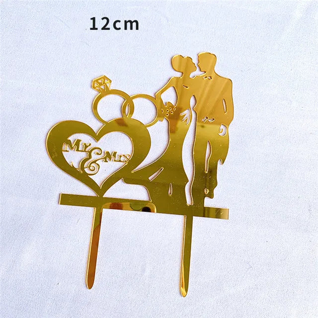 Bride and Groom Wedding Party Cake Topper Decoration Golden Acrylic Mrs & Mrs Engagement Party Cake Toppers Gift Baking Supplies Good Vibrations