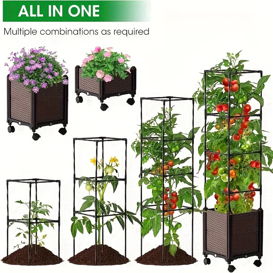 Raised Garden Bed Planter Box with Trellis,Self-Watering Tomato Cage Planters for Garden Climbing Plants Vegetable Vine Flower Good Vibrations
