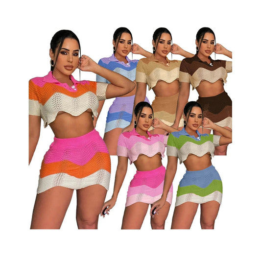 Knit Color Blocking Two Pieces Set Crop Top Mini Skirt Outfit Party Casual Women Set Good Vibrations