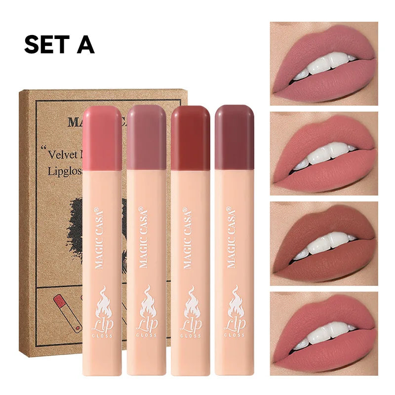 MAGIC CASA 4-Piece Matchstick Lip Gloss Gift Box Set Beauty Matte Lipstick Waterproof Non-Stick Cup Vegan Lip Glaze Good Vibrations