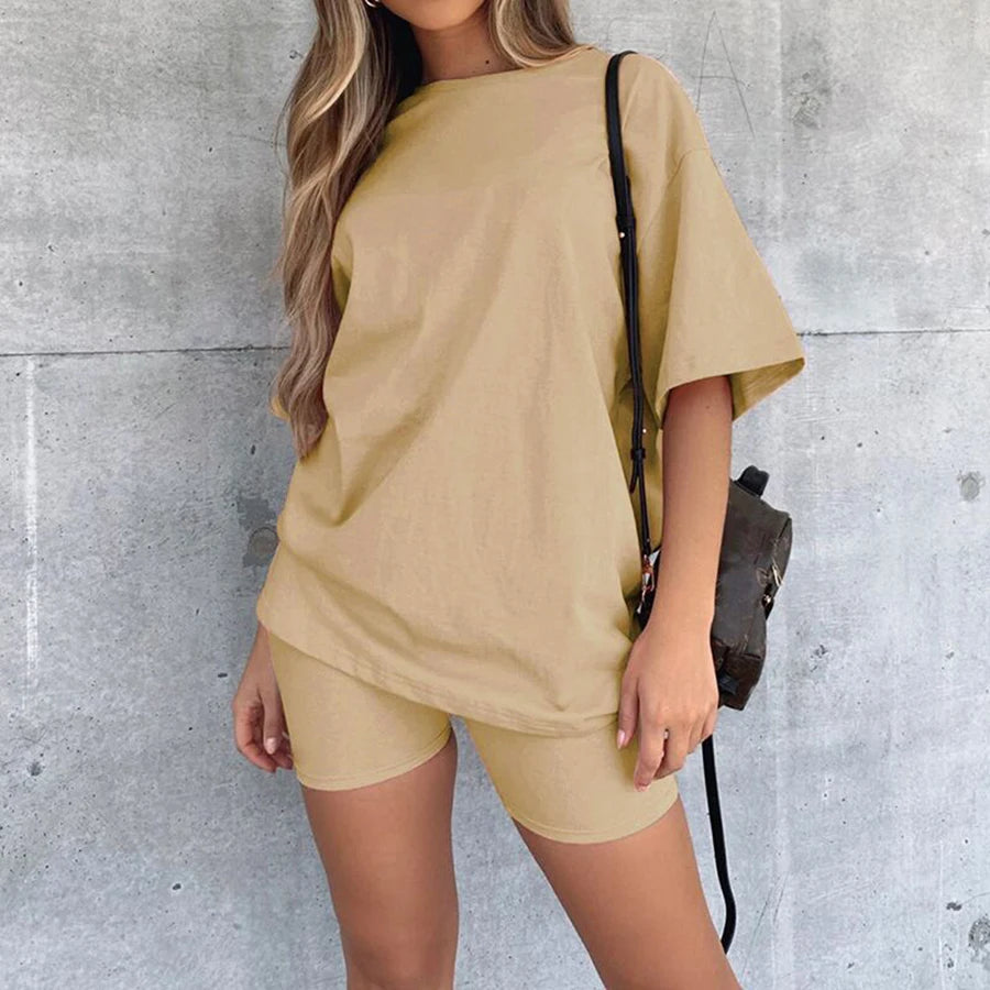 ANSZKTN Custom logo T Shirt Casual Sports Custom Tracksuit Solid Color Women Outfits Short Sleeve Biker Shorts Two Piece Set Good Vibrations
