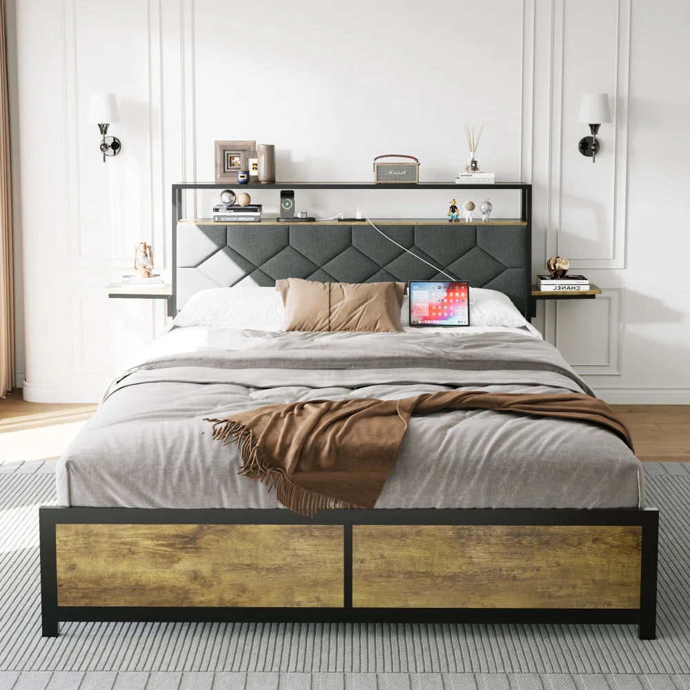 Queen Bed Frame with Storage Headboard, Built-in Charging Station, RGB LED Lights, Side Shelf, No Box Spring Needed Good Vibrations