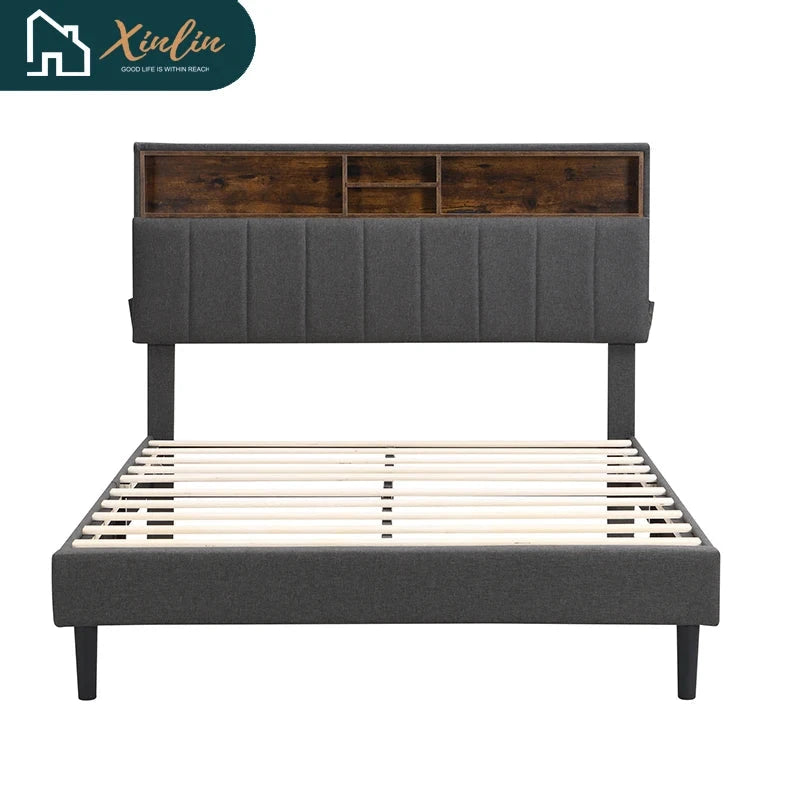 Free Shipping US Warehouse Linen Fabric Full-Size Murphy Bed with Storage Headboard Upholstered Platform Bed & USB Port Good Vibrations