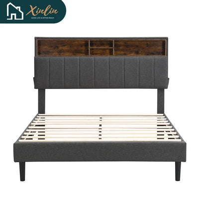 Free Shipping US Warehouse Linen Fabric Full-Size Murphy Bed with Storage Headboard Upholstered Platform Bed & USB Port Good Vibrations