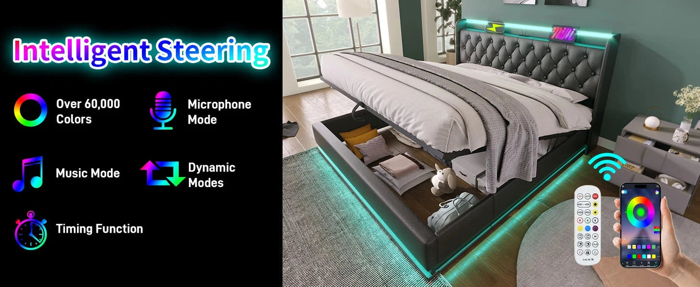 King Size Upholstered Bed 360 Surround LED Function Buttons Apps and Remote Control Good Vibrations