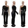 Street Fashion Motorcycle Style One Shoulder Shirt and Leather Pants Two Piece Set Sexy Club Women Outfits Good Vibrations