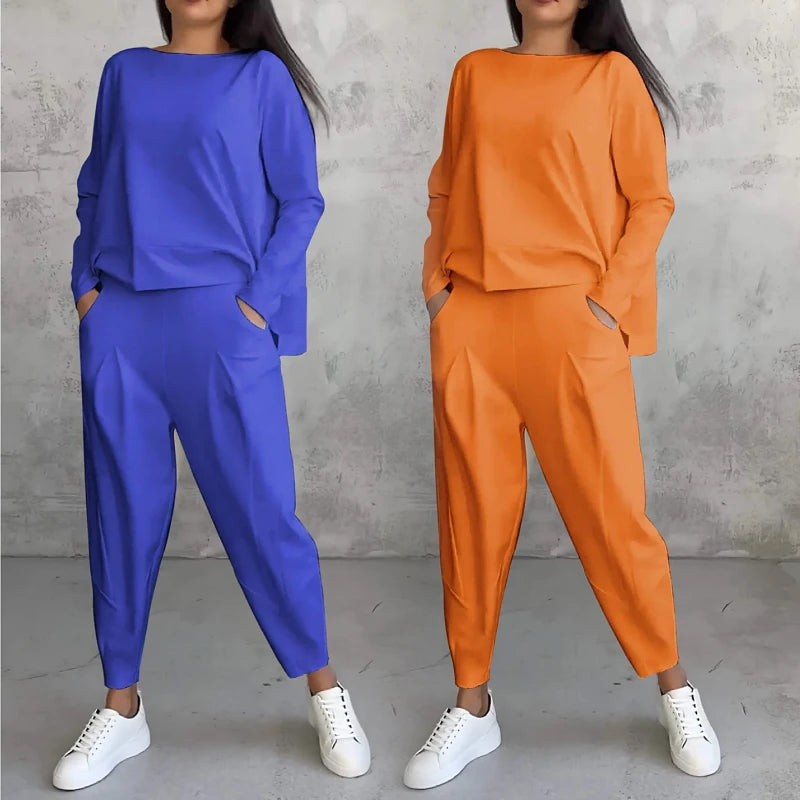 Plus Size Spring Fall Women's Clothing Ladies Solid Color O Neck Long Sleeve T Shirt Pocket Pants Casual Two Piece Women Set Good Vibrations