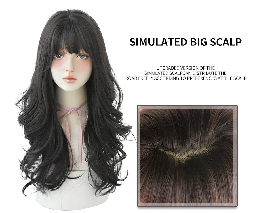 7JHHWIGS Long Wavy Synthetic Black Wigs For Women With Fringe Fashion Heat Resistant Mid-Length Daily Straight Light Brown Hair Good Vibrations