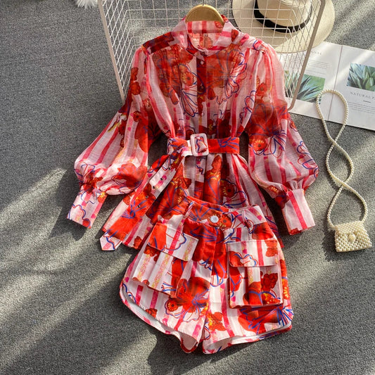 Women Set Lantern Sleeve Stand-Up Collar Shirt Female High-Waisted Wide Leg Shorts Two Piece Set Good Vibrations