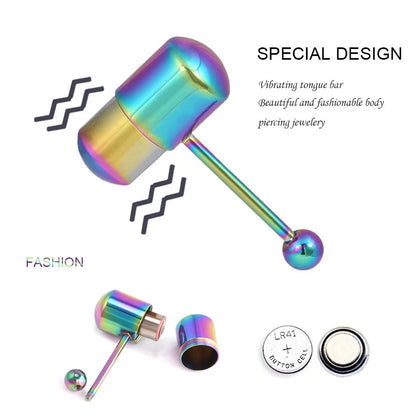 With Battey Vibrating Tongue Ring 16G Surgical Steel Tongue Piercing Ring Vibrated Tongue Piercing Bar Body Jewelry Lengua Sexy Good Vibrations Adult Super Store