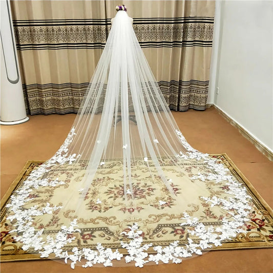 Western Style Bulk Sale Trendy Tulle Applique Long Veil Bridal Accessories Bride Flower Lace Cathedral Wedding Veil Good Vibrations