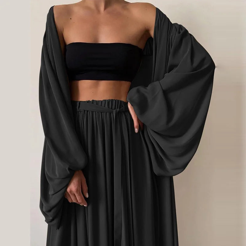 Women 3 Piece Sets Homewear Fashion Casual Lantern Sleeve Cardigan Tops+Wide Leg Pants Suits Lady Spring Soft Three Piece Outfit Good Vibrations