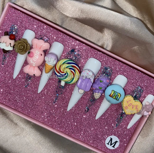 High Quality Multiply Designs 3D Handmade Customize Salon Press on Nails Acrylic Materials Set Good Vibrations