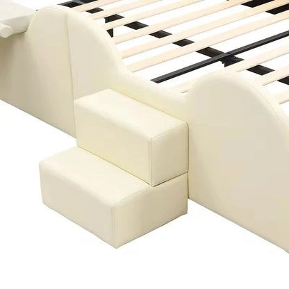 Modern Full-Size Upholstered Platform Bed Set with Piglet Shape Headboard and Bunk Bed Slide Beige for Children's Bedroom Good Vibrations