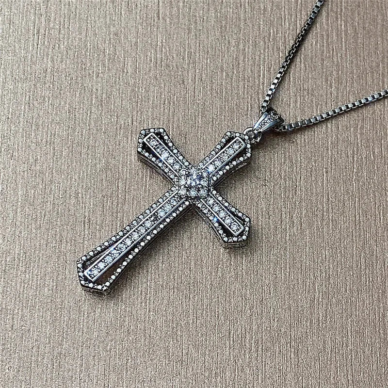 Huitan Hip Hop Cross Necklace for Women with Dazzling CZ Stone Luxury Silver Color Cool Neck Accessories Party Trendy Jewelry Good Vibrations