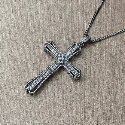 Huitan Hip Hop Cross Necklace for Women with Dazzling CZ Stone Luxury Silver Color Cool Neck Accessories Party Trendy Jewelry Good Vibrations