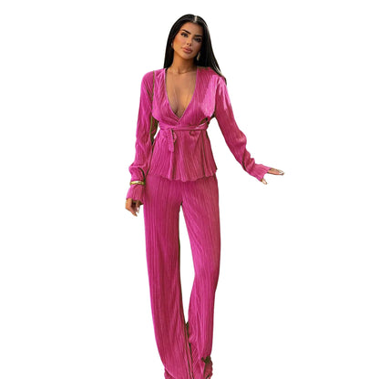 K10781 Factory Wholesale Women's Clothing V-neck Long Sleeve Cardigan Autumn and Winter Leisure Two-Piece Set Good Vibrations