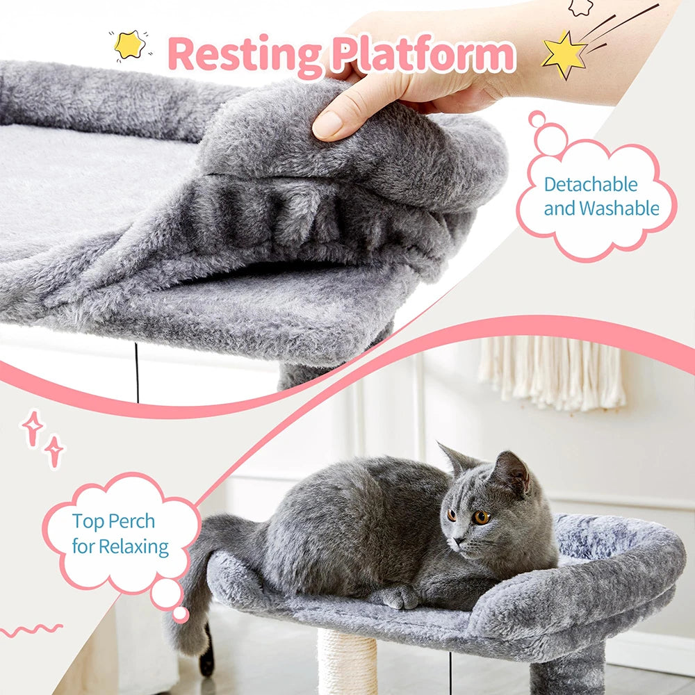 20" Tall Grey Cat Tower 4-in-1 Self Groomer Natural Sisal Plush Perch Bed Indoor Kittens Scratching Post Wood for Small Cats Good Vibrations
