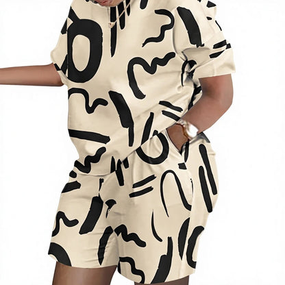 Summer Fashion Casual Printed Short Sleeve Shirt High Waist Shorts 2 Piece Women Outfits Set Suits Good Vibrations