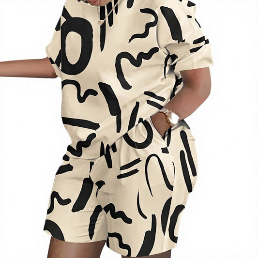 Summer Fashion Casual Printed Short Sleeve Shirt High Waist Shorts 2 Piece Women Outfits Set Suits Good Vibrations