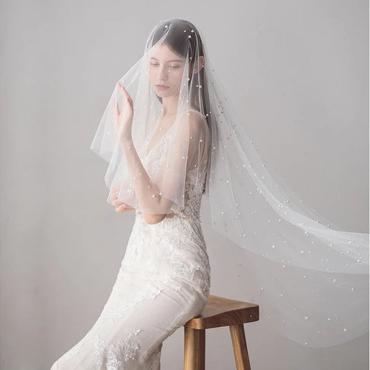 SLBRIDAL Two Layers Wedding Veils With Combs Ivory Pearls Bridal Veils Wedding Accessories for Bride Mariage Women Good Vibrations