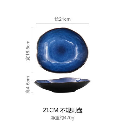 Household Ceramic Dinner Plate European Style Blue Glaze Salad Bowl Irregular Tableware Western Dinner Plate/kitchen Supplies Good Vibrations