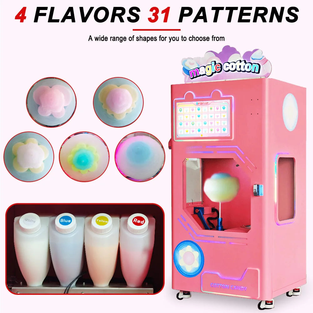 JoyFunplay Manufacture Customized Coin Cash Full Automatic Cotton Candy Vending Machine Floss Flower Candy Machine Good Vibrations