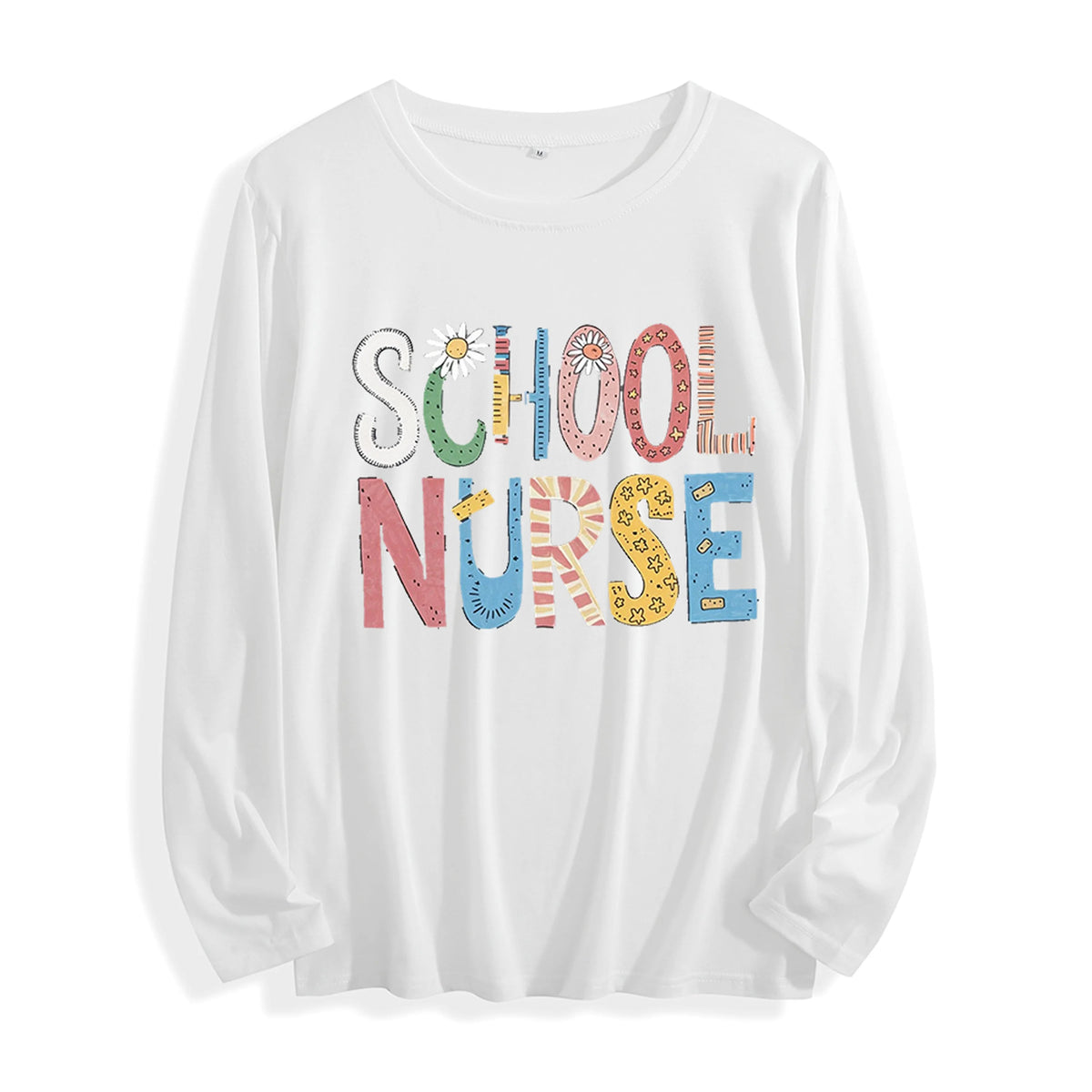 100% Cotton "School Nurse Colorful Patchwork Graphic" Long - Sleeve T - Shirt, Multi - Colors Good Vibrations