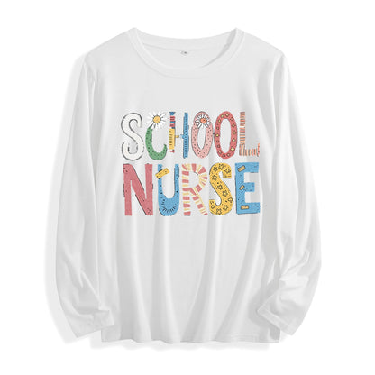 100% Cotton "School Nurse Colorful Patchwork Graphic" Long - Sleeve T - Shirt, Multi - Colors Good Vibrations