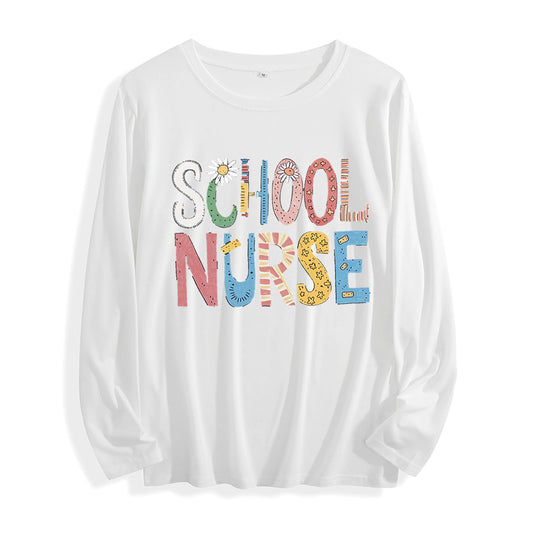 100% Cotton "School Nurse Colorful Patchwork Graphic" Long - Sleeve T - Shirt, Multi - Colors Good Vibrations