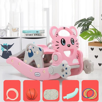 Feelbaby Indoor Plastic Playhouse for 2-8 Years Old Kids Multi-Function Deformation Rocking Horse Slide Adventure Park Garden Good Vibrations