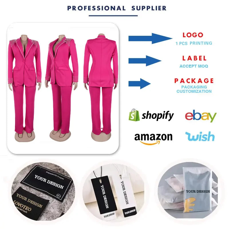 K3332 High Quality Ladies Suits Office Wear Beaded Long Sleeve Slim Elastic Suit and Pants Two Piece Blazer Set Business Suits Good Vibrations