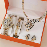 Popular Leopard Ladies Wristwatch 4PCS/SET Present Set Female's Necklace Bracelets Earring Women's Watch Gift Set Good Vibrations