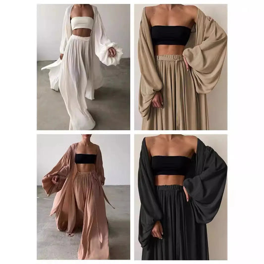 Lazy Style Women Set Solid Shirt Wipe Chest Wide Leg Pants Elegant Women Pants Set Woman Clothes Outfits Good Vibrations