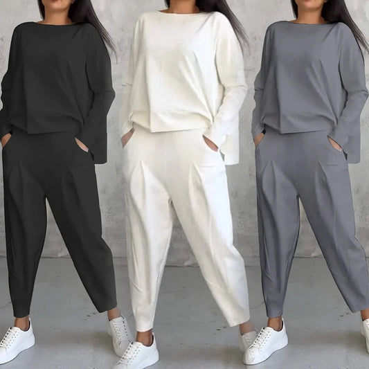 Plus Size Spring Fall Women's Clothing Ladies Solid Color O Neck Long Sleeve T Shirt Pocket Pants Casual Two Piece Women Set Good Vibrations