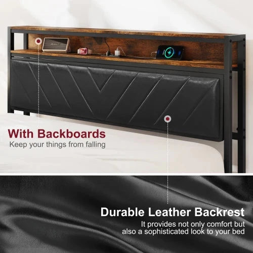 Full Size Metal Platform Bed Frame with Adjustable Upholstered Headboard, Charging Station, LED Lights, Noiseless Good Vibrations