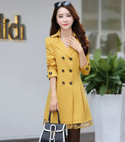 Fashion Double Breasted Windbreaker Spring Autumn Coats Women's Trench Coat Mid-Long Lace Stitching Casual Outerwear Female Good Vibrations