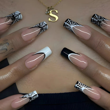 Cross-Border New Black White French Manicure Spider Web Diamond-Encrusted Halloween Wearable Artificial Fingernails Finished Good Vibrations