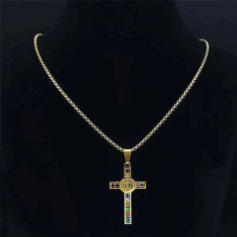 Catholic Jesus Cross Stainless Steel Necklace Saint Benedict Crystal Virgin Mary Pendant Crucifix Male Necklaces Jewelry cruz Good Vibrations