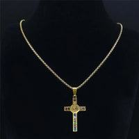 Catholic Jesus Cross Stainless Steel Necklace Saint Benedict Crystal Virgin Mary Pendant Crucifix Male Necklaces Jewelry cruz Good Vibrations