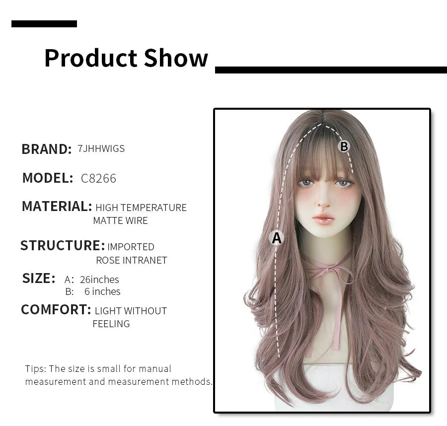 7JHHWIGS Long Wavy Synthetic Black Wigs For Women With Fringe Fashion Heat Resistant Mid-Length Daily Straight Light Brown Hair Good Vibrations