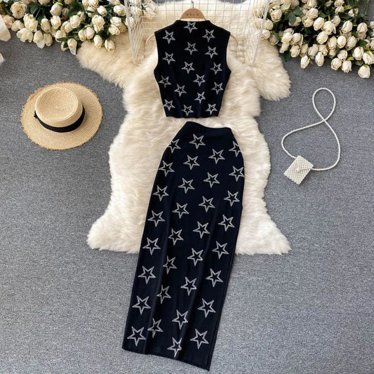 Summer Crop Top Vest Sexy Slit Diamond 2 Piece Two Piece Skirt Sets Women Outfits Good Vibrations