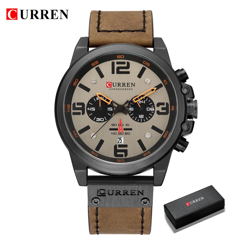 CURREN Mens Watches Top Luxury Brand Waterproof Sport Wrist Watch Chronograph Quartz Military Genuine Leather Relogio Masculino Good Vibrations